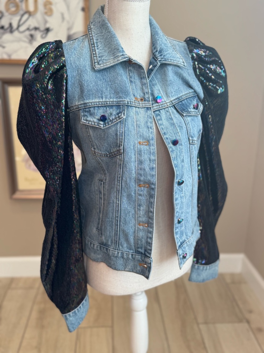 New! QUEEN OF SPARKLES Denim Jacket with Black Sequin Puff Sleeves